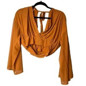 NEW Free People Deep V Cropped Long Sleeve Blouse Mustard | Size XS